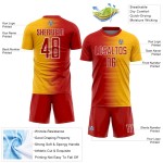 Custom Red Gold-White Gradient Line Sublimation Soccer Uniform Jersey
