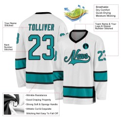 Custom White Aqua-Black Hockey Jersey