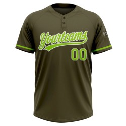 Custom Olive Neon Green-White Salute To Service Two-Button Unisex Softball Jersey