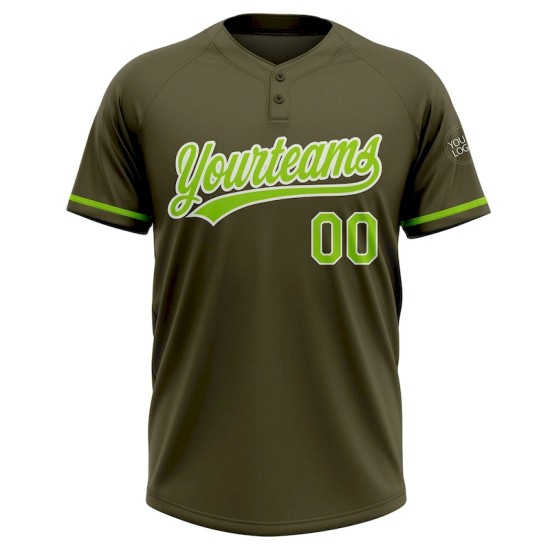 Custom Olive Neon Green-White Salute To Service Two-Button Unisex Softball Jersey
