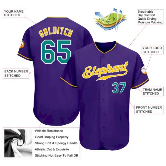 Custom Purple Aqua-Gold Authentic Baseball Jersey Custom Purple Aqua-Gold Authentic Baseball Jersey