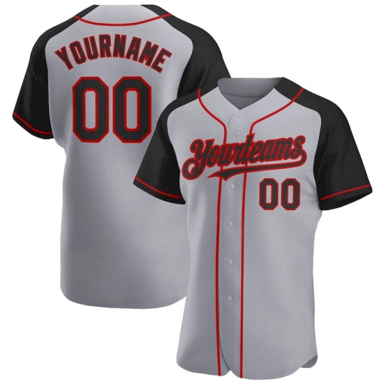 Custom Gray Black-Red Authentic Raglan Sleeves Baseball Jersey Custom Gray Black-Red Authentic Raglan Sleeves Baseball Jersey