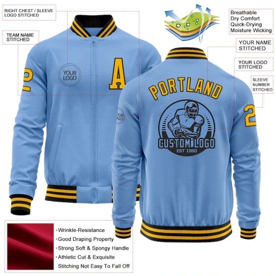 Custom Light Blue Gold-Black Bomber Varsity Letterman Zipper Jacket Custom Light Blue Gold-Black Bomber Varsity Letterman Zipper Jacket