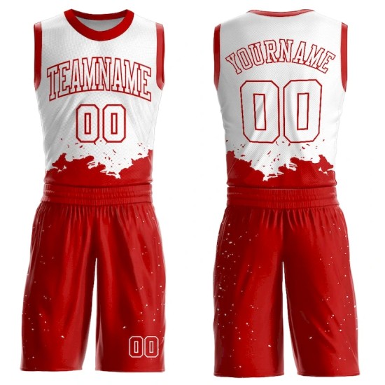 Custom White Red Color Splash Round Neck Sublimation Basketball Suit Jersey