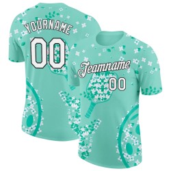 Custom Green White-Black 3D Pickleball Paddles Balls Floral Performance T-Shirt